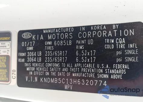 2017 Kia Sedona Lx из США, поврежденный, VIN KNDMB5C13H6320774